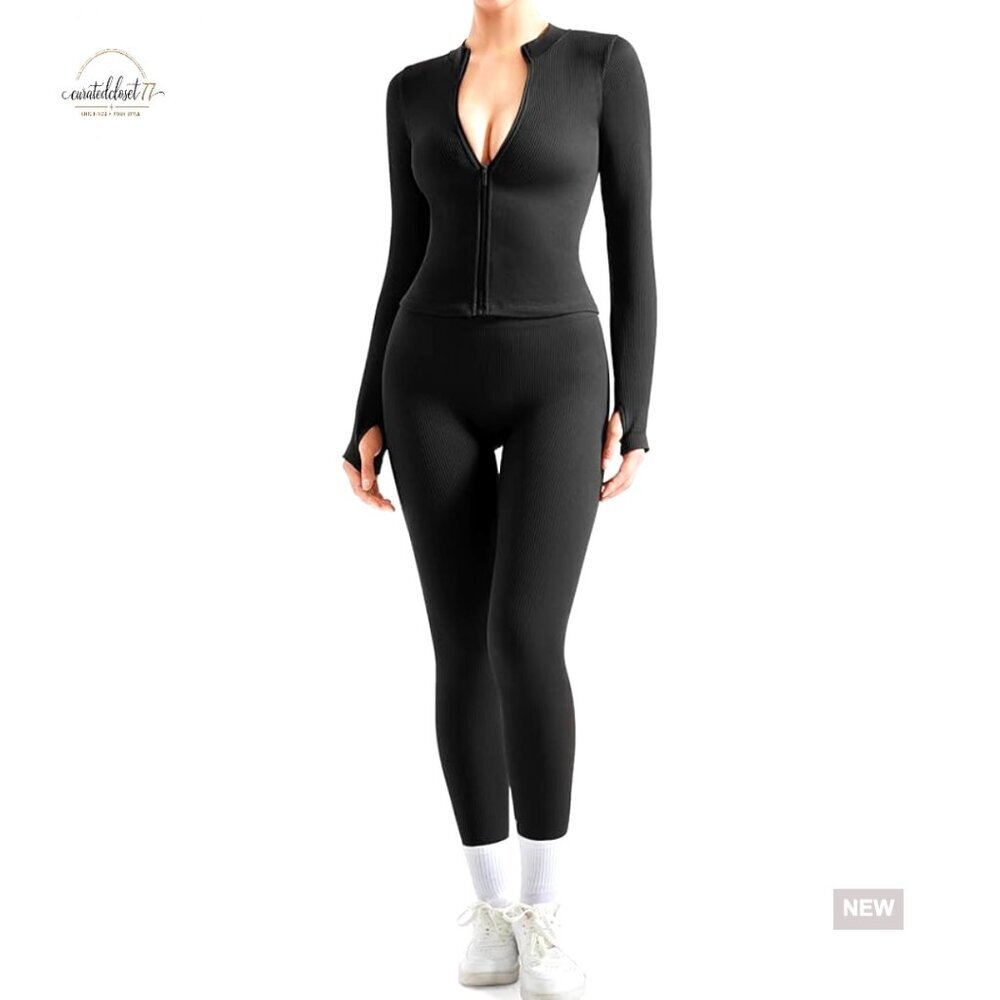 Seamless Ribbed Workout Set Zip Jacket High Waist Leggings Size Small